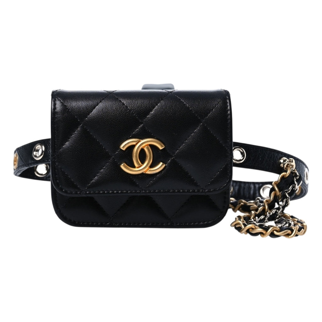 New! Black Quilted Leather Belt mini  Bag with Gold Hardware RARE) Chanel 2.55 mini belt bag black leather – bamluxurystore main image 4