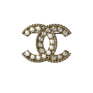 Chanel CC Faux Pearl & Crystal Brooch Gold-Tone