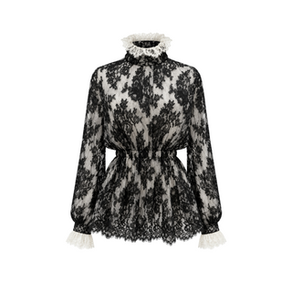 Chanel Black and White Floral Lace High-Neck Blouse Size FR 42