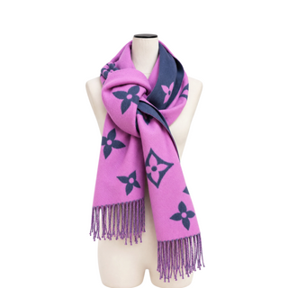 Louis Vuitton Pink and Navy Monogram Cashmere Reversible Fringed Scarf