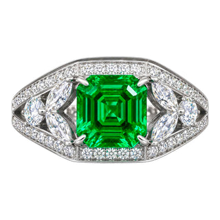 Bella Ling Custom Lab-Grown Emerald & Diamond Halo Statement Ring in White Gold Plated Sterling Silver