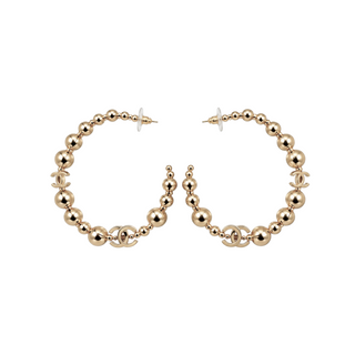 Chanel Champagne Gold CC Logo Beaded Hoop Earrings