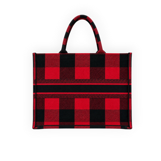 Christian Dior Red & Black Check Embroidered Canvas Large Book Tote