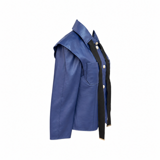 Chanel Blue Lambskin Leather Button-Up Jacket with Black Ribbon Tie – Size 36