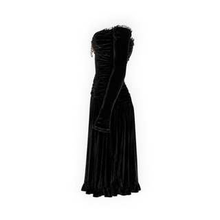Paco Rabanne Black Velvet Ruched Off-Shoulder Embellished Midi Dress Size FR 38