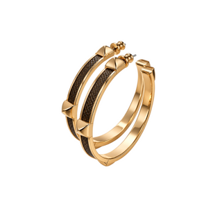 Hermès Gold-Tone Brown Lizard-Effect Leather Hoop Earrings