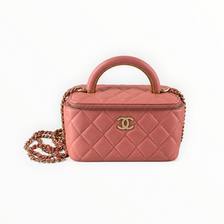 Chanel Coral Pink Quilted Leather Mini Vanity Case Bag with Chain Strap