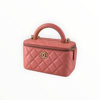 Chanel Coral Pink Quilted Leather Mini Vanity Case Bag with Chain Strap