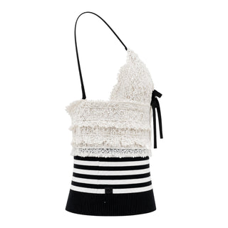 Chanel Cruise Black & White Lace Trim Striped Knit Camisole Top