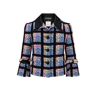 Chanel Black Multicolour Checked Tweed Jacket with Ruffle Cuffs Size FR 36