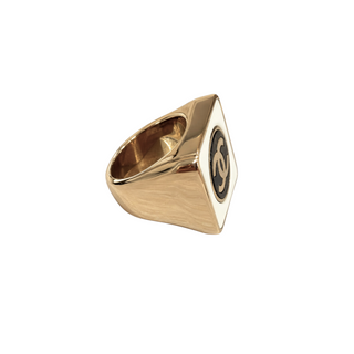 Chanel Gold, White & Black CC Logo Square Statement Ring