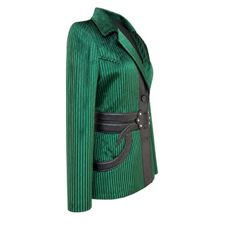 Louis Vuitton Green Striped Velvet & Leather Belted Blazer Size FR 36