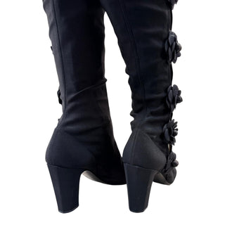 Chanel Black Camellia Embellished Knee-High Boots