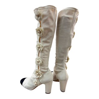 Chanel Ivory Camellia Button Cap-Toe Boots