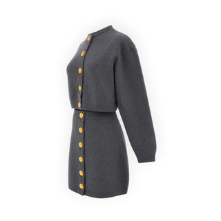 Louis Vuitton Dark Grey Wool Gold Button Cropped Cardigan and Mini Skirt Two-Piece Set