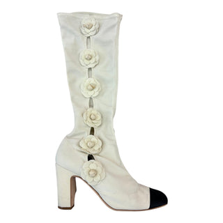 Chanel Ivory Camellia Button Cap-Toe Boots