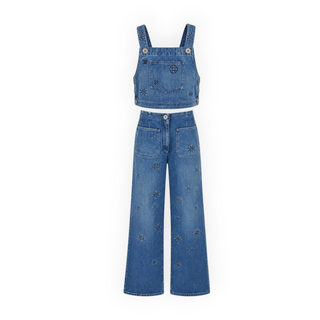 Chanel Blue Denim Embroidered Logo Sleeveless Crop Top FR 40