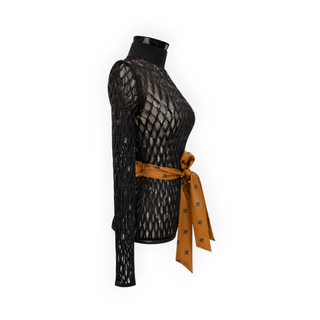 Fendi Black Sheer Monogram Openwork Mesh Long Sleeve Top with Brown Silk Sash IT 36