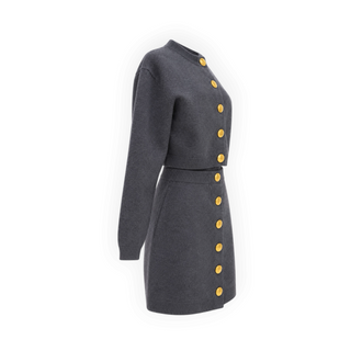 Louis Vuitton Dark Grey Wool Gold Button Cropped Cardigan and Mini Skirt Two-Piece Set