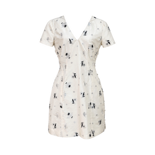 Christian Dior Ivory Silk Floral Embroidered V-Neck Short Sleeve Dress with Separate Underskirt FR 42