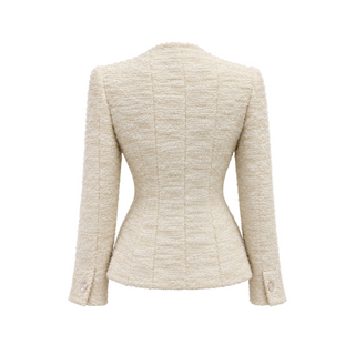 Chanel Cream Textured Tweed V-Neck Jacket Size FR 38