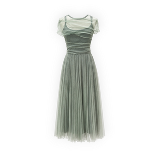 Christian Dior Sage Green Silk Tulle Draped Pleated Midi Dress FR 36