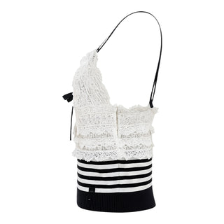 Chanel Cruise Black & White Lace Trim Striped Knit Camisole Top