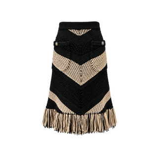 Chanel Black and Beige Chevron Knit Fringe Midi Skirt Size FR 36