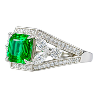 Bella Ling Custom Lab-Grown Emerald & Diamond Halo Statement Ring in White Gold Plated Sterling Silver