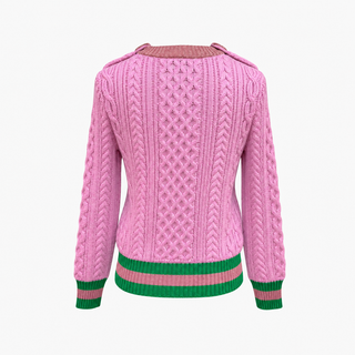 Gucci Pink Cable Knit Wool Sweater with Green Striped Trim and Pearl Buttons