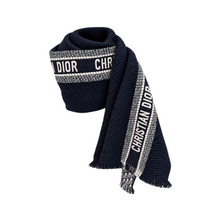 Christian Dior Navy Blue and Ivory Wool Cashmere Knit Beanie Hat and Logo Scarf Two-Piece Set