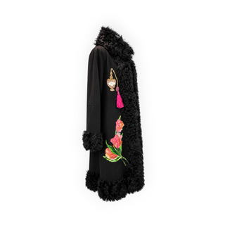 Dolce & Gabbana Black Kalgan Lamb Fur Floral Embroidered Coat IT 40
