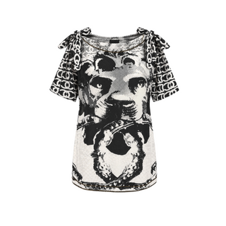 Chanel Black and White Lion Printed Cotton & Silk Tie Detail Top Size 36
