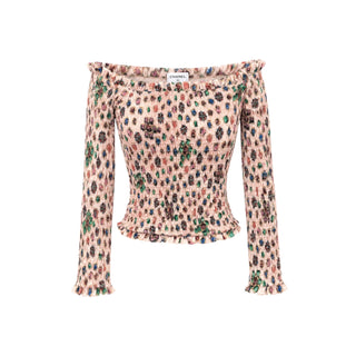 Chanel Pale Nude Pink Multicolour Printed Smocked Off-Shoulder Top Size FR 36