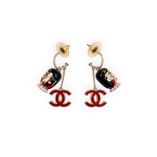 Chanel Red & Black Enamel CC Doll Charm Drop Earrings