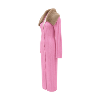 Blumarine Pink Wool and Cashmere Knit Maxi Cardigan Dress with Faux Fur Collar Size 42
