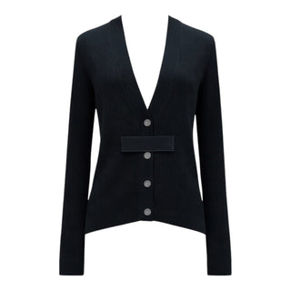 Chanel Black Ribbed V-Neck Velcro Cardigan