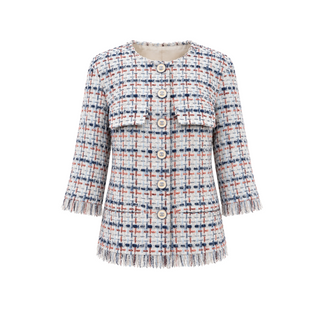 Chanel White, Blue & Coral Fringed Tweed CC Button Jacket Size FR 44
