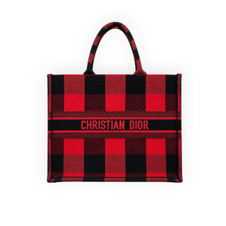 Christian Dior Red & Black Check Embroidered Canvas Large Book Tote