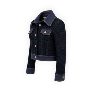 Chanel Navy Blue Tweed Denim Trim Cropped Jacket Size FR 38