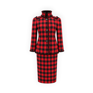 Chanel Red and Black Checked Wool Jacket and Pencil Skirt Two-Piece Set