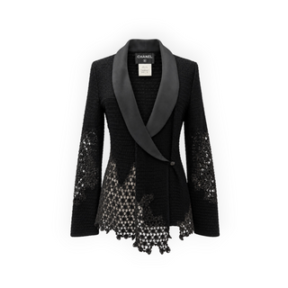 Chanel Black Textured Knit Lace Detail Blazer with Satin Shawl Collar FR 38
