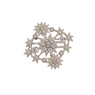 Chanel Silver Crystal Embellished Celestial Star CC Brooch