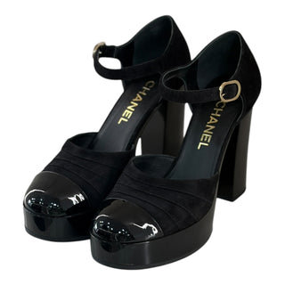 Chanel Black Suede & Patent Leather Platform Mary Jane Pumps