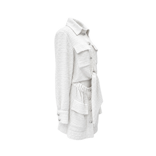 Chanel White Textured Tweed Belted Dress/Jacket Size FR 38