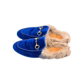 Gucci Cobalt Blue Velvet Princetown Horsebit Fur-Lined Slippers EU 37