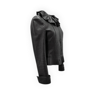 Chanel Black Lambskin Leather Pleated Ruffle Jacket FR 36