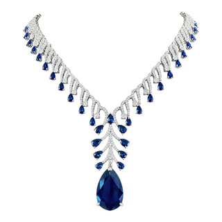 Lab-Grown Sapphire Cascade Drop Necklace in White Gold-Plated Sterling Silver