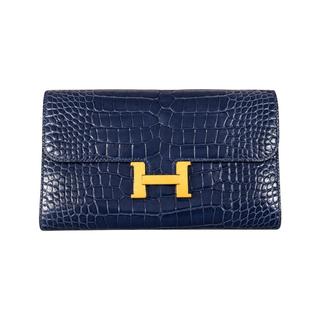 Hermès Blue Crocodile-Effect Leather Constance H Clasp Wallet with Gold Hardware