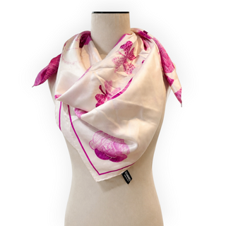 Chanel Ivory & Pink CC Camellia Silk Scarf